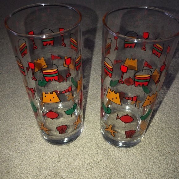 Vintage Sandcastle Bucket Bird Fish HIGHBALL GLASSES (2) OCEAN BARWARE - Picture 12 of 12